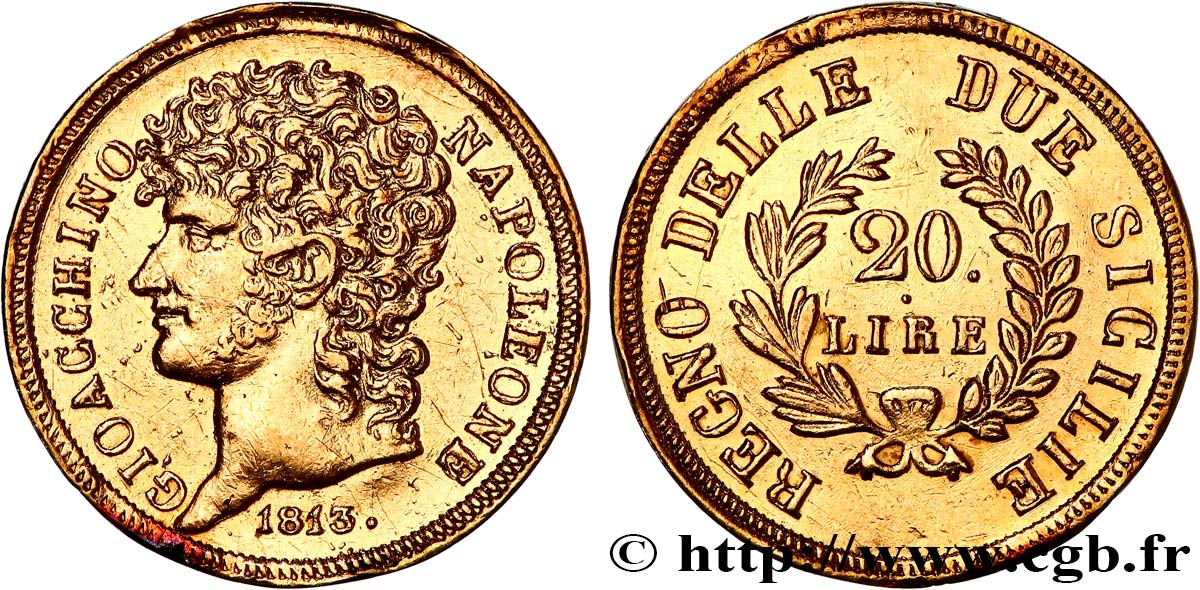 ITALY - KINGDOM OF NAPLES - JOACHIM MURAT 20 Lire or, rameaux courts 1813 Naples AU 