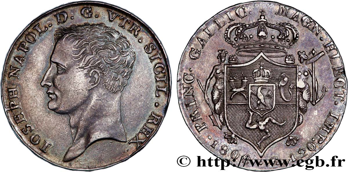 ITALIE - ROYAUME DE NAPLES - JOSEPH NAPOLÉON Piastre de 120 Grana 1808 Naples MBC+ 