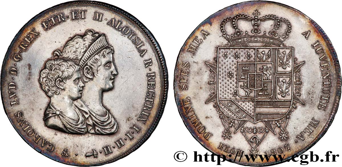 ITALIE - ROYAUME D ÉTRURIE - CHARLES-LOUIS et MARIE-LOUISE 10 Lire, 2e type 1807 Florence TTB+ 