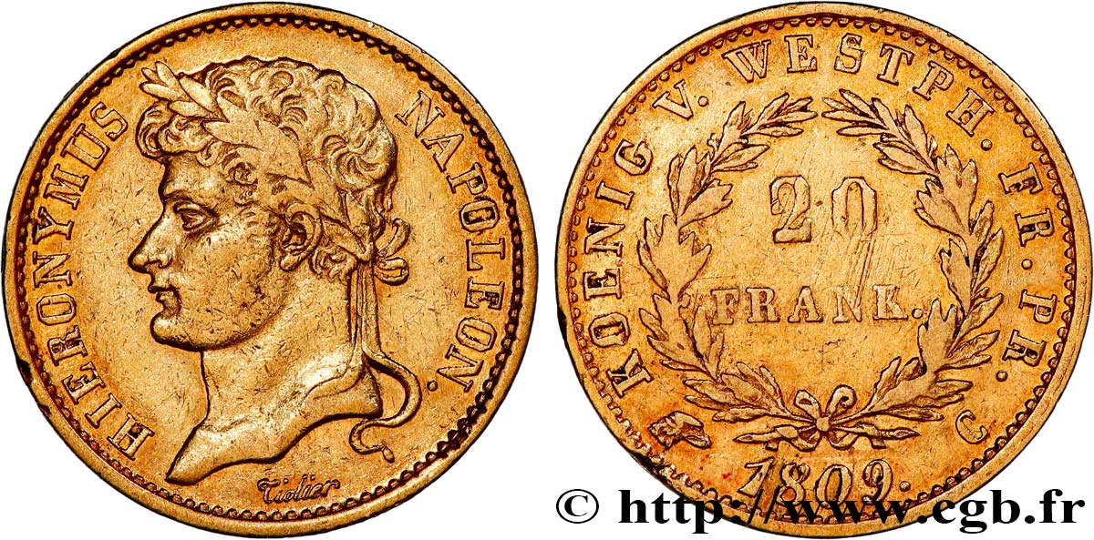 GERMANY - KINGDOM OF WESTPHALIA - JÉRÔME NAPOLÉON 20 Franken 1809 Cassel XF 