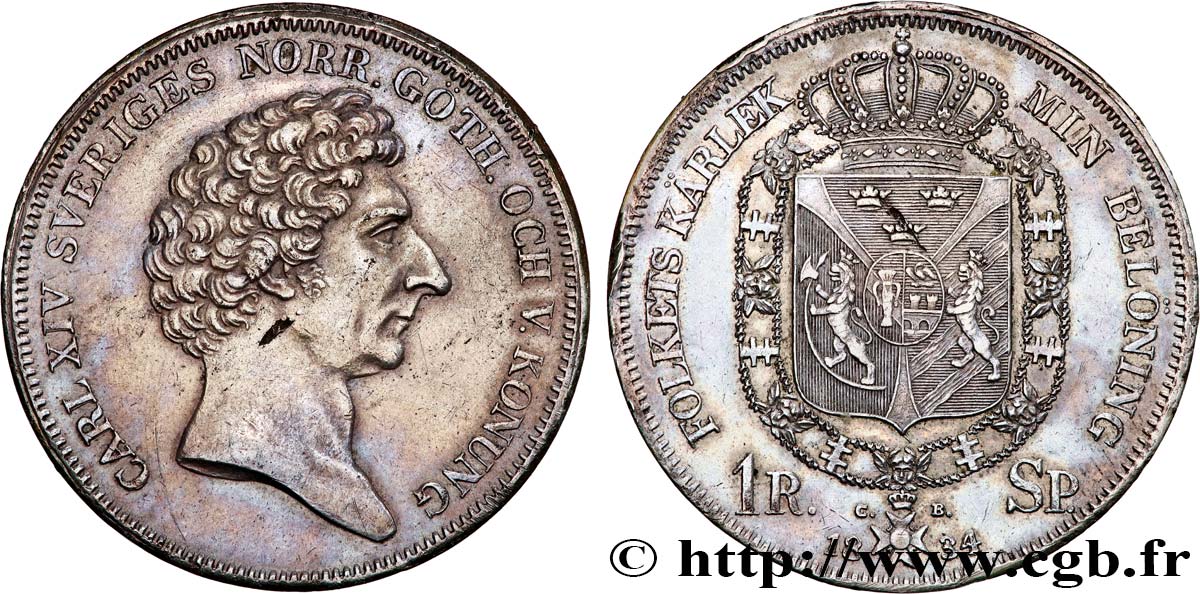 SWEDEN 1 Riksdaler Specie Charles XIV 1834 Stockholm AU 