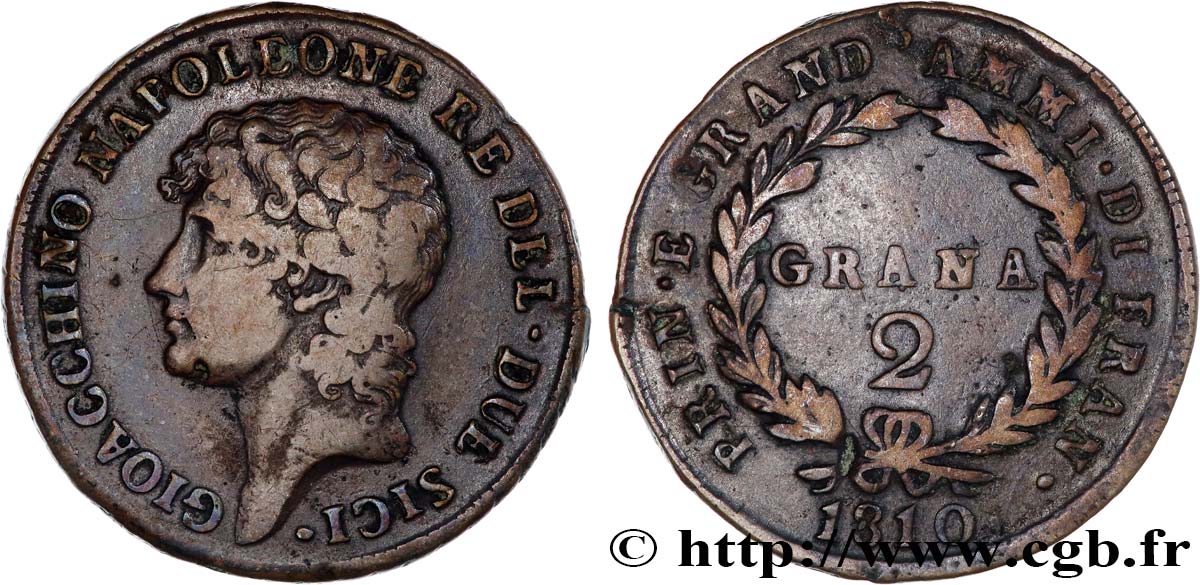ITALIE - ROYAUME DES DEUX-SICILES 2 Grana Joachim Murat (Gioachino Napoleone) Roi des deux Siciles 1810  TB+ 