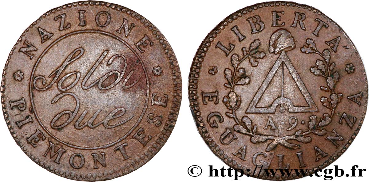ITALIE - RÉPUBLIQUE SUBALPINE 2 Soldi Piémont an 9 1801 Turin TTB 