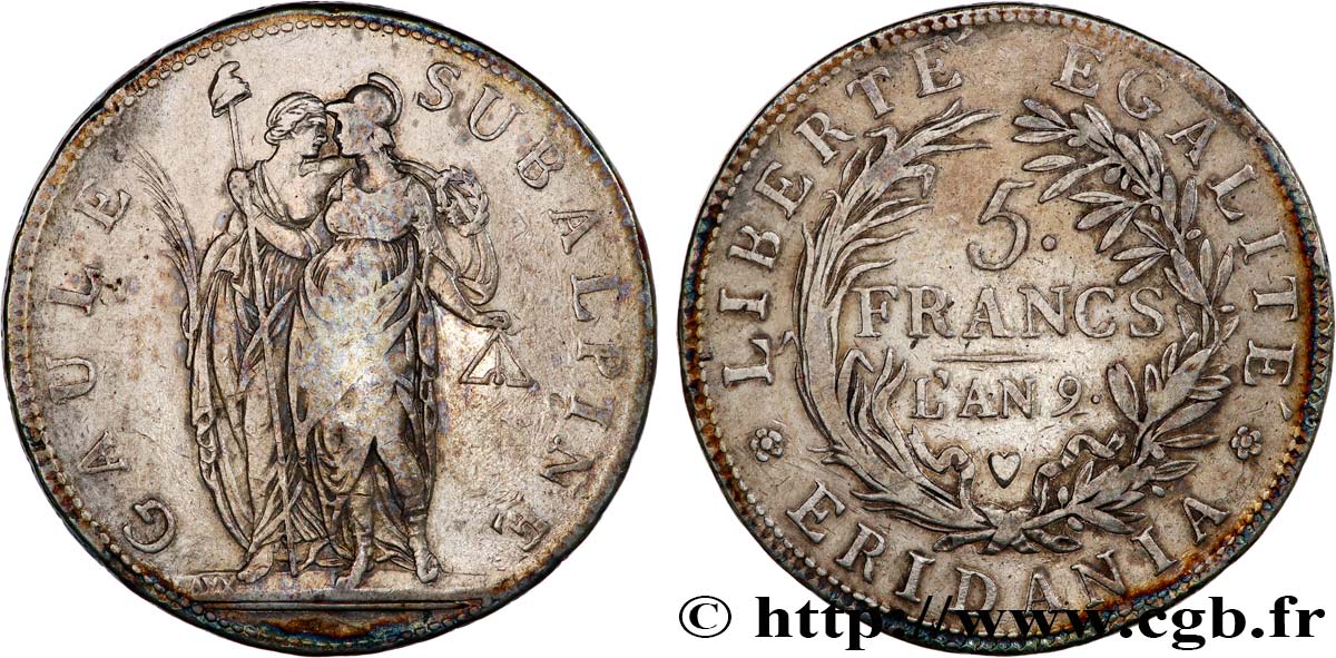 ITALY - SUBALPINE GAUL 5 Francs an 9 1801 Turin VF 