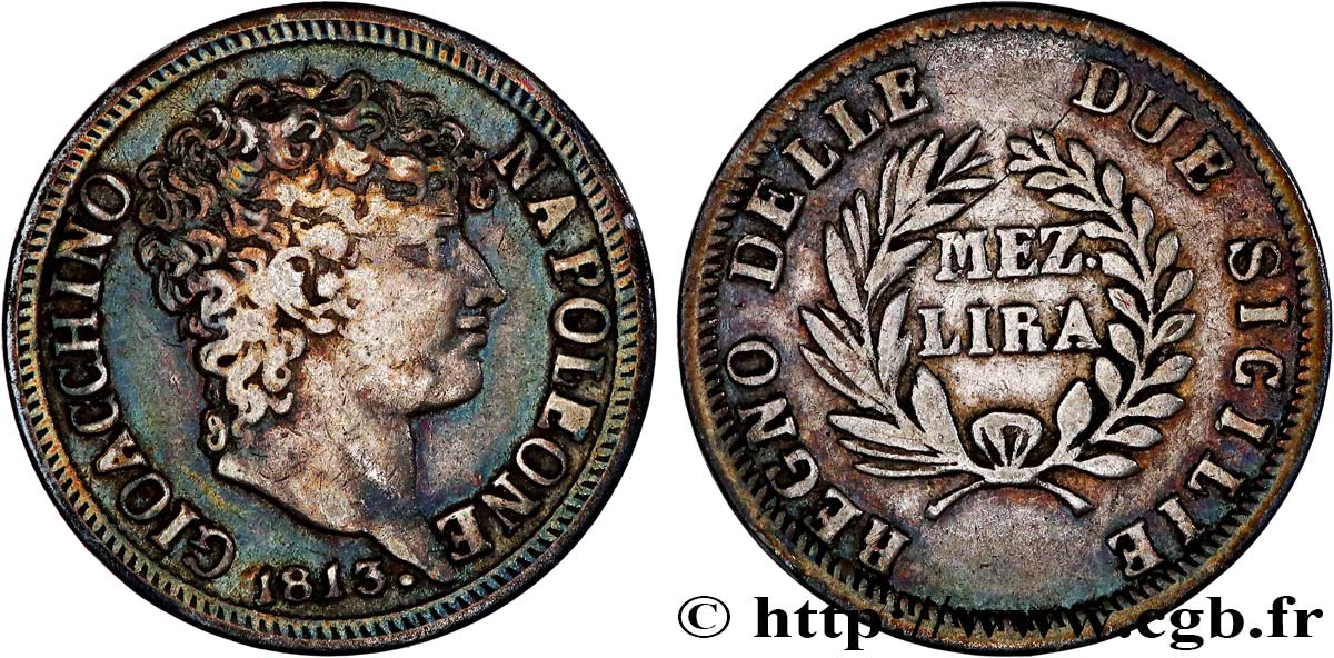 ITALIA - REINO DE NÁPOLES - JOAQUÍM MURAT Mezza lira 1813 Naples BC+ 