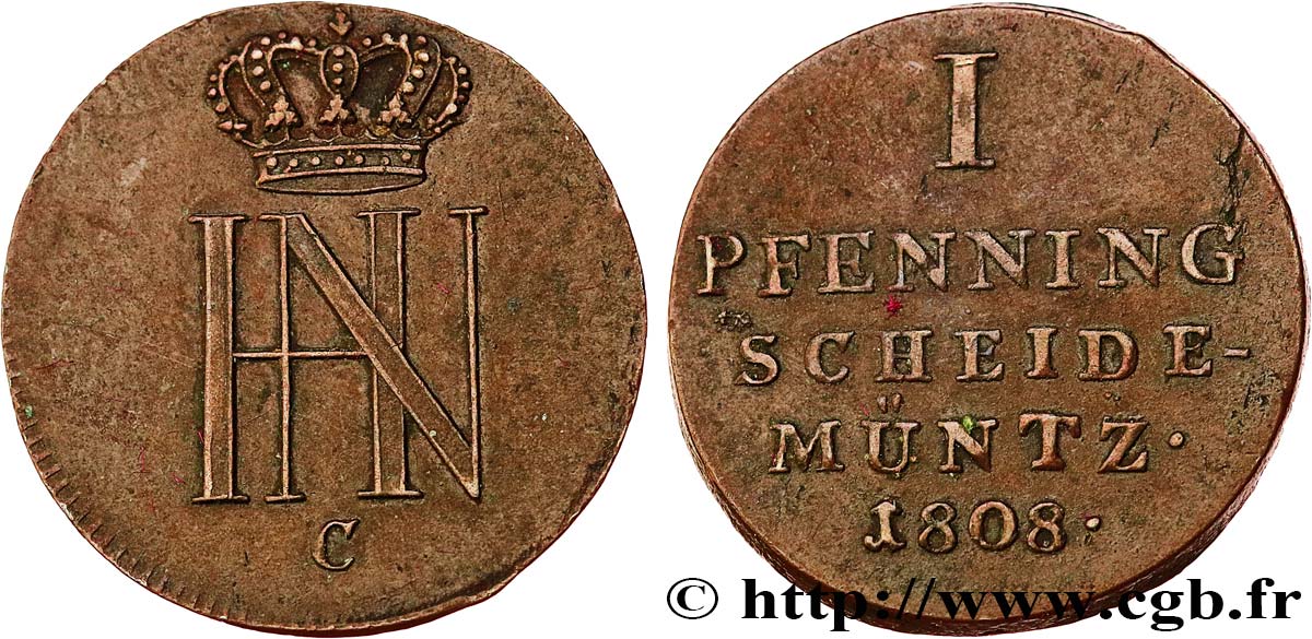 GERMANY - KINGDOM OF WESTPHALIA 1 Pfenning monogramme de Jérôme Napoléon 1808 Clausthal XF 