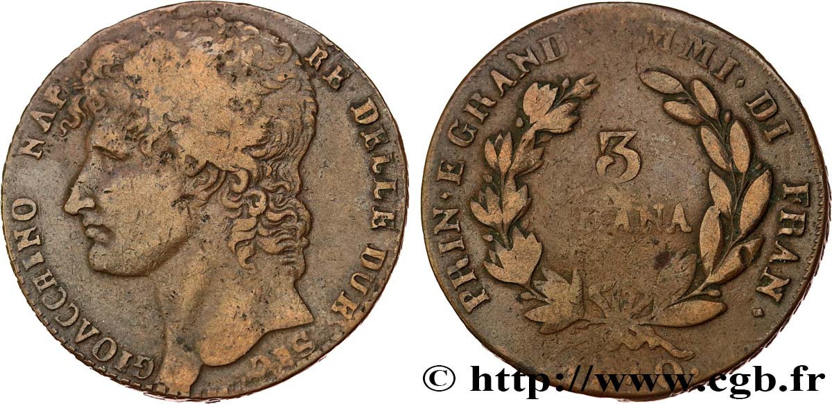 ITALIA - REINO DE LAS DOS SICILIAS 3 Grana Joachim Murat 1810  BC+/BC 