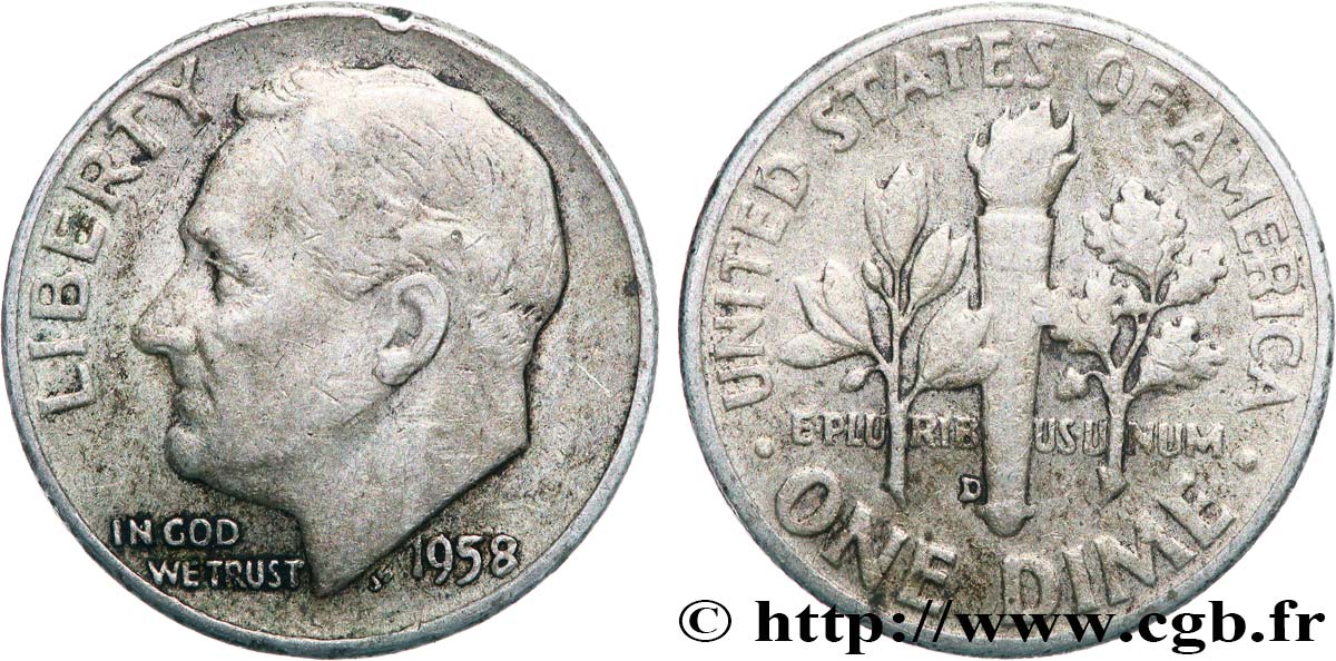 UNITED STATES OF AMERICA 1 Dime(10 Cents) Roosevelt 1958 Denver VF 