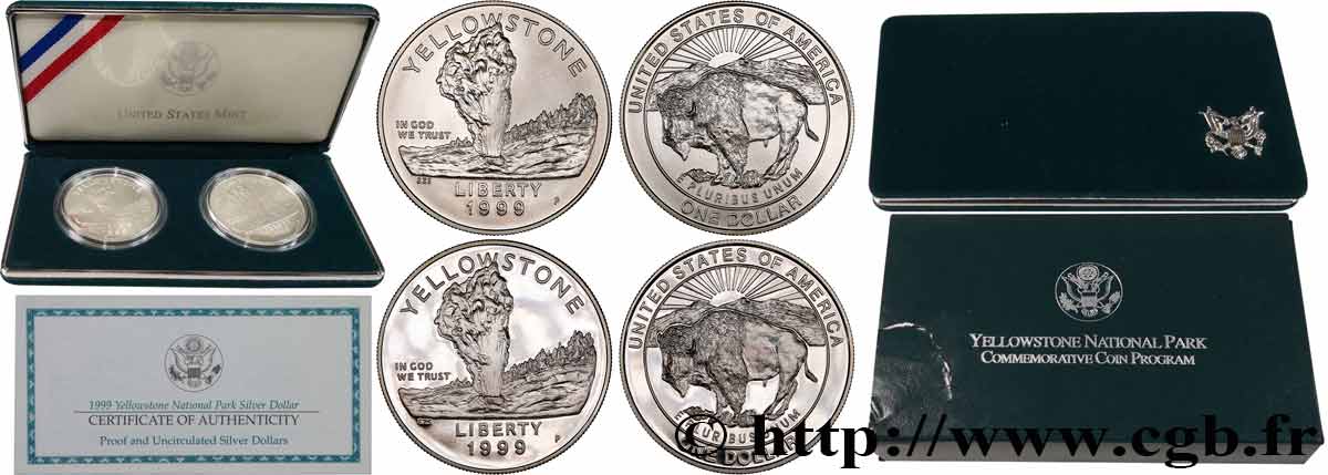 UNITED STATES OF AMERICA 1 dollar Yellowstone National Park - 2 monnaies 1999 Philadelphie MS 
