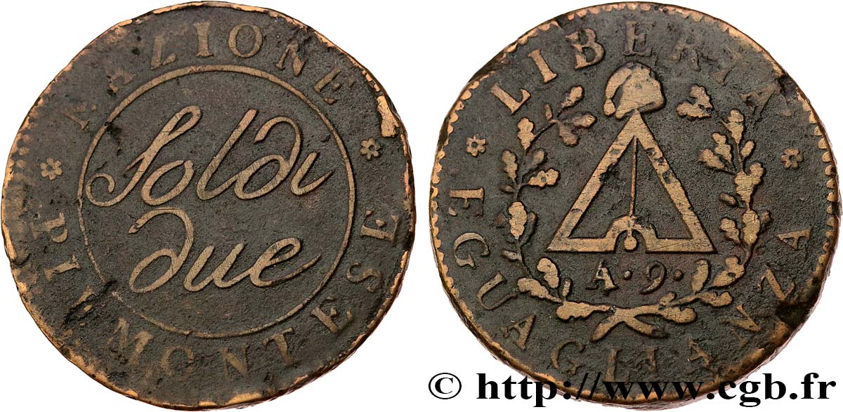 ITALY - PIEDMONT REPUBLIC 2 Soldi Piemont  an 9 1801  VF 