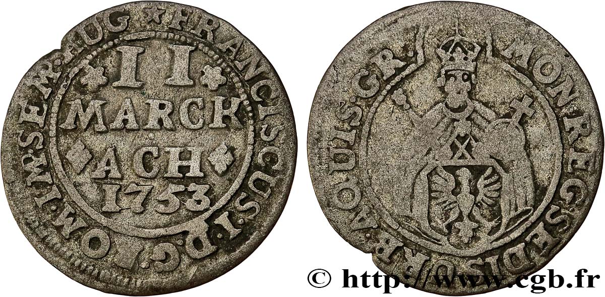 GERMANIA - AQUISGRANA 2 Marck ville de Aachen 1753  q.BB 
