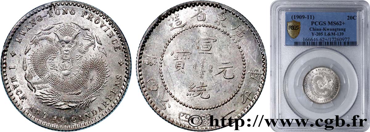 REPUBBLICA POPOLARE CINESE 20 Cents province de Guangdong 1909-1911 Guangzhou (Canton) SPL62 PCGS