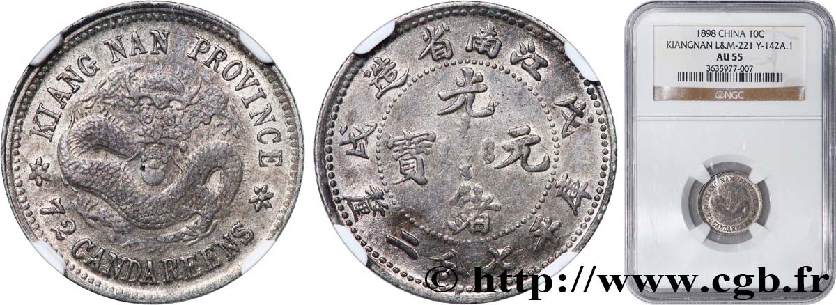 CHINA 7,2 Candareens (10 Cents) Province de Kiang Nan (1898)  VZ55 NGC