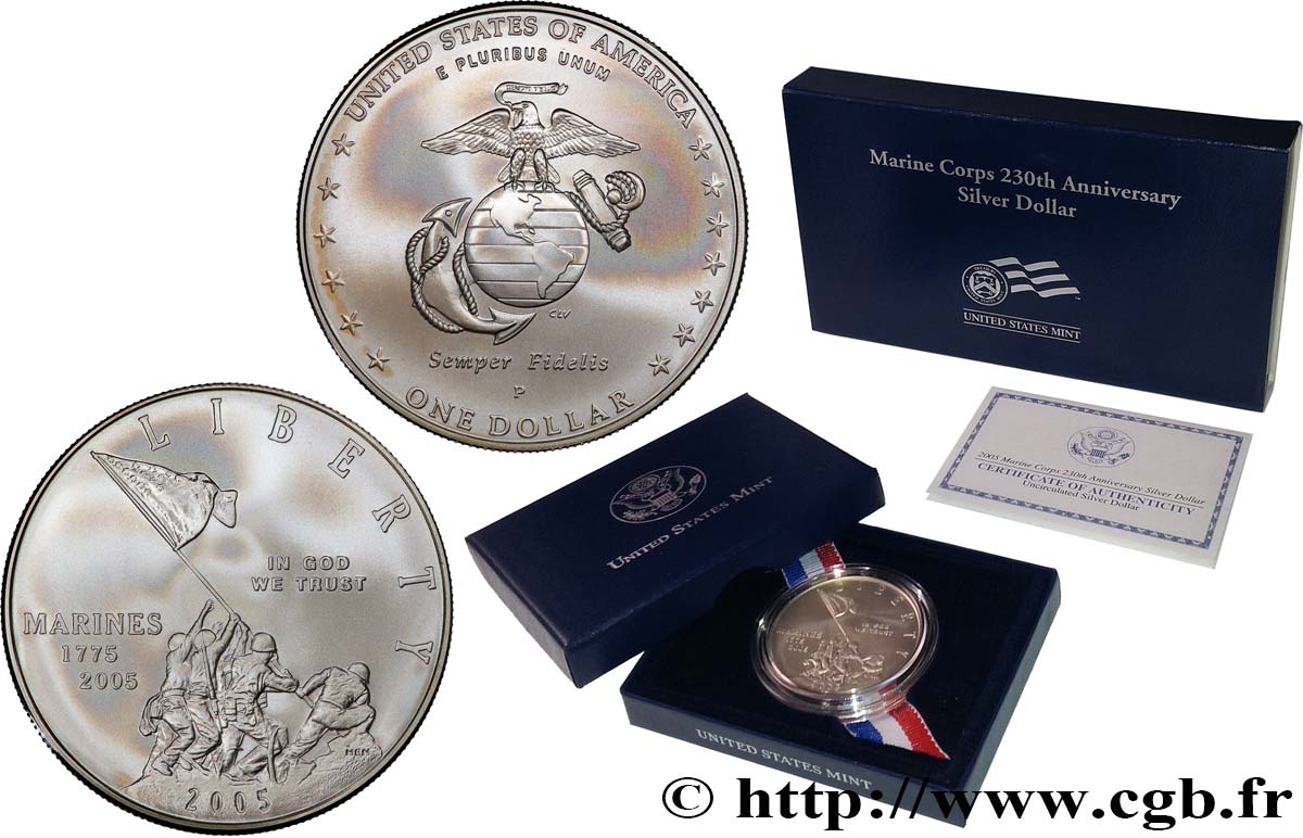ESTADOS UNIDOS DE AMÉRICA 1 Dollar Silver - Marine Corps 230th Anniversary 2005 Philadelphie FDC 