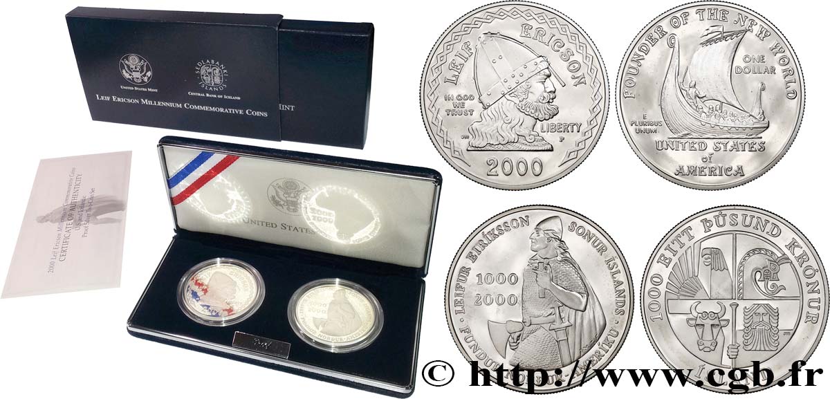 ÉTATS-UNIS D AMÉRIQUE 1 dollar / 1000 Kronur - Leif Ericson - 2 monnaies PROOF 2000 P- Philadelphie FDC 