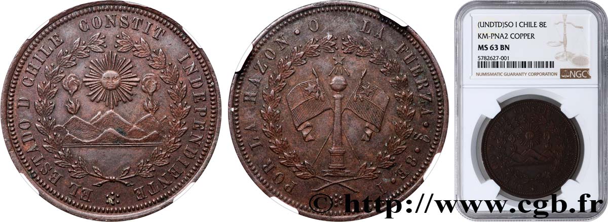 CHILI - RÉPUBLIQUE  Essai de 8 escudos en cuivre n.d. Santiago SPL63 NGC