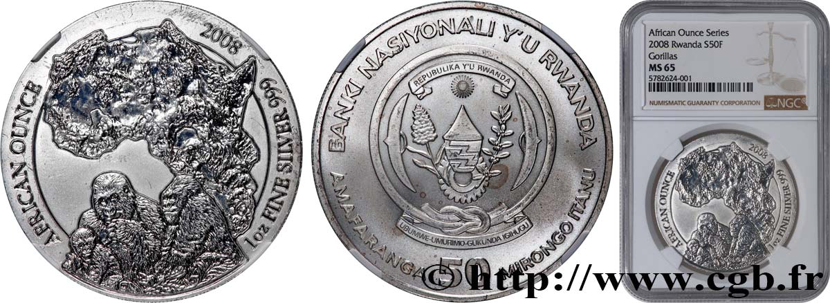 RWANDA 50 Francs (1 once)  2008  MS65 NGC