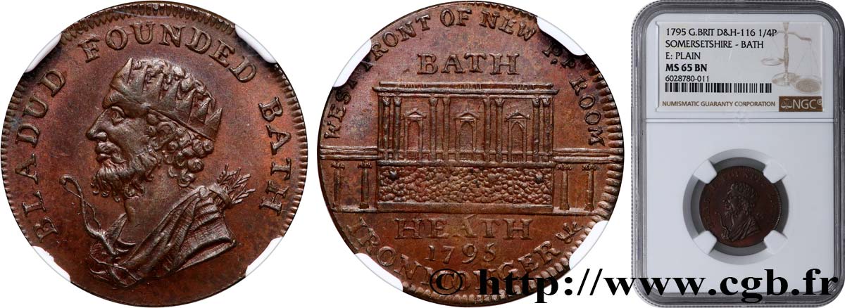 BRITISH TOKENS OR JETTONS 1 Farthing Bath (Somersetshire) 1795  MS65 NGC