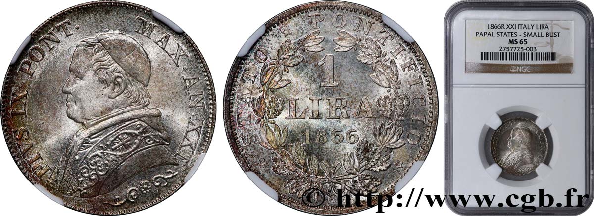 ITALY - PAPAL STATES - PIUS IX (Giovanni Maria Mastai Ferretti) 1 Lire type petit buste an XXI 1866 Rome MS65 NGC