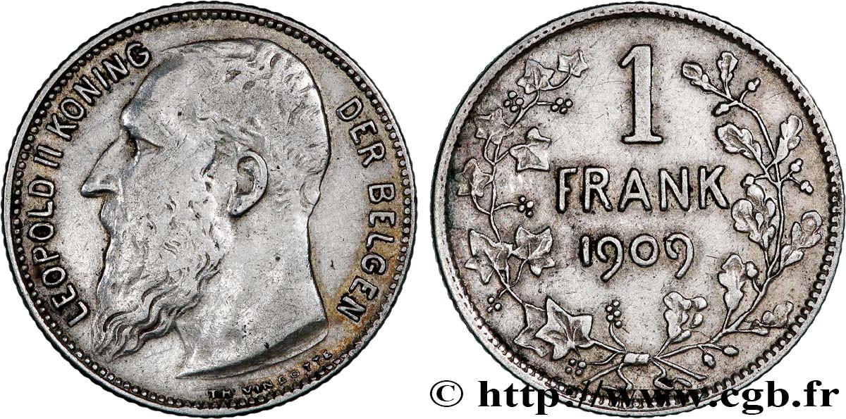 BELGIUM 1 Frank (Franc) Léopold II légende flamande 1909  VF 