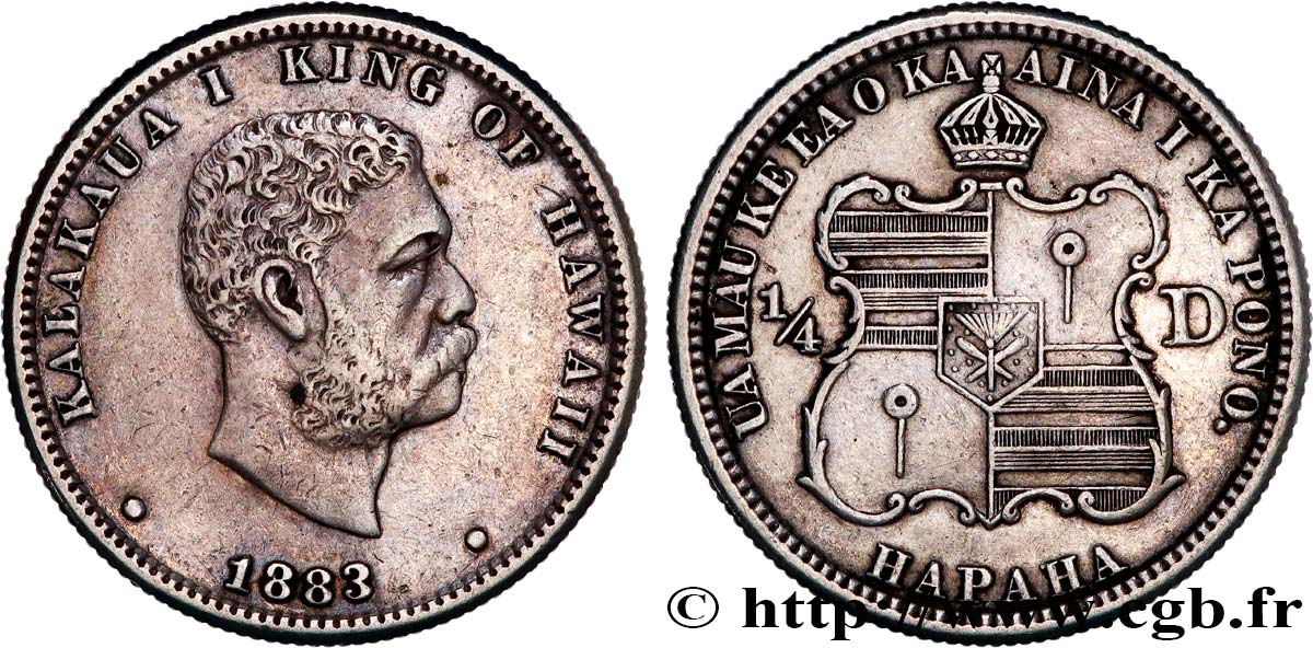 HAWAII 1/4 Dollar roi Kalakaua Ier 1883 San Francisco MBC+ 
