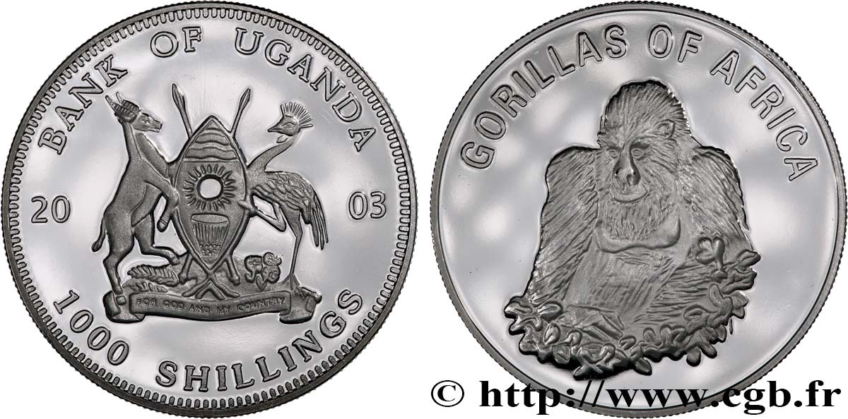 OUGANDA 1000 Shillings Proof série Gorilles d’Afrique - gorille mâle assis 2003  FDC 