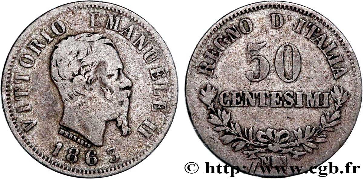 ITALIE 50 Centesimi Victor Emmanuel II 1863 Naples TB+ 