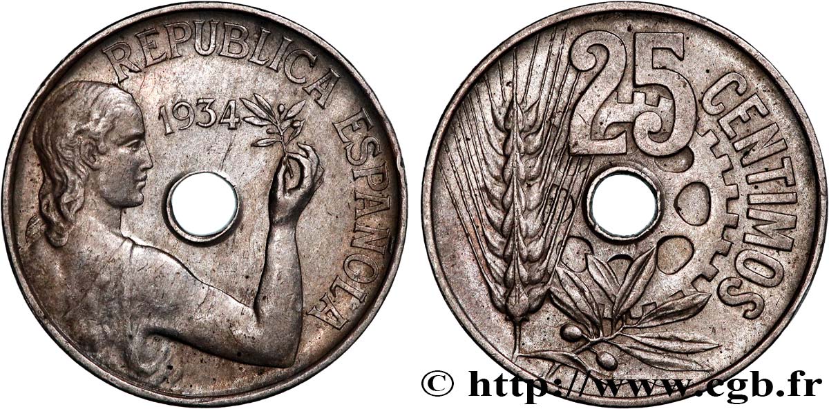 ESPAGNE 25 Centimos monnayage républicain 1934  TTB+ 