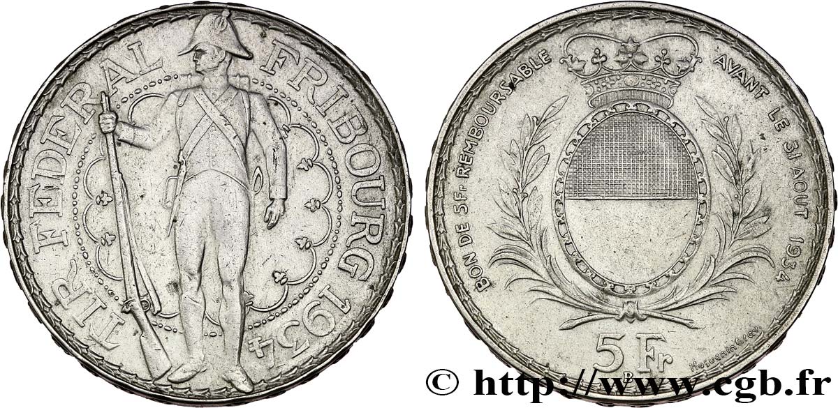 SUISSE 5 Francs, monnaie de Tir, Fribourg 1934 Le Locle TTB 