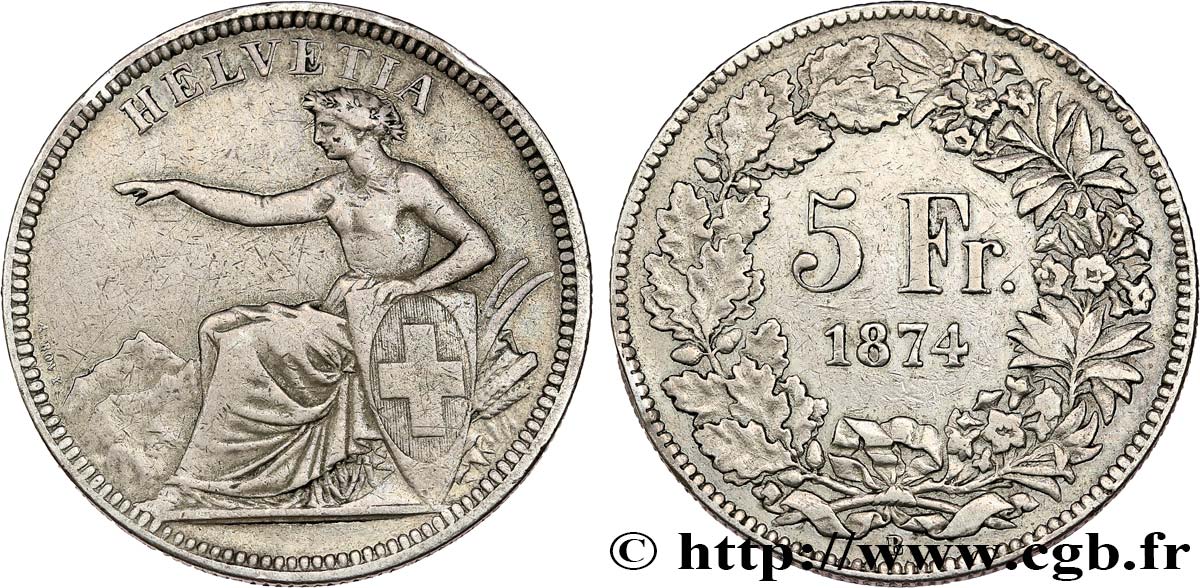 SUISSE 5 Francs Helvetia assise 1874 Bruxelles TB+ 