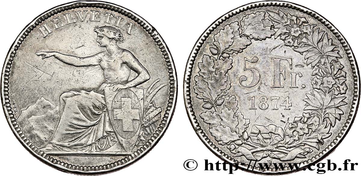 SWITZERLAND 5 Francs Helvetia assise 1874 Berne VF 
