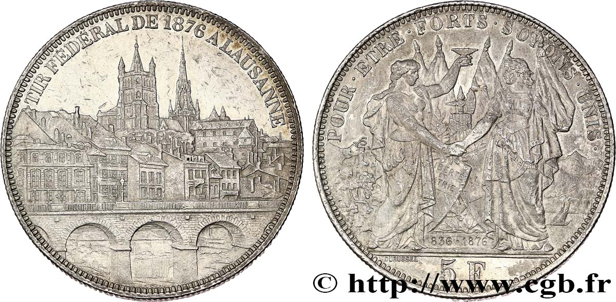 SUISSE 5 Francs, monnaie de Tir, Lausanne 1876  TTB+ 