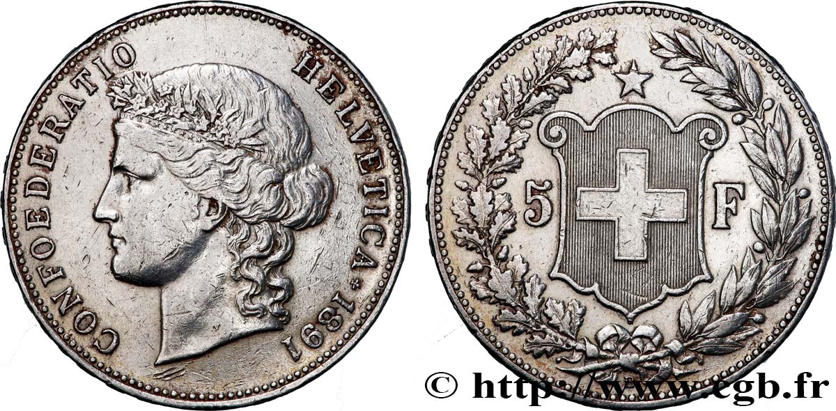 SUISSE 5 Francs Helvetia 1891 Berne TB+ 