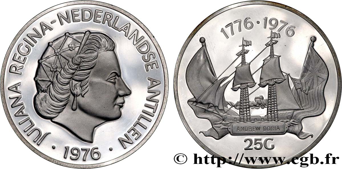 ANTILLES NÉERLANDAISES 25 Gulden Proof Bicentenaire de l’indépendance des États-Unis 1973 Franklin Mint FDC 
