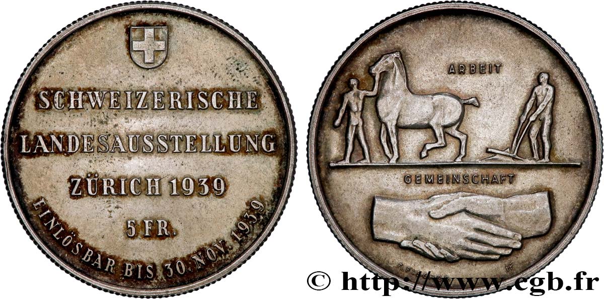 SUIZA 5 Francs Exposition de Zurich 1939 Huguenin - Le Locle MBC+ 