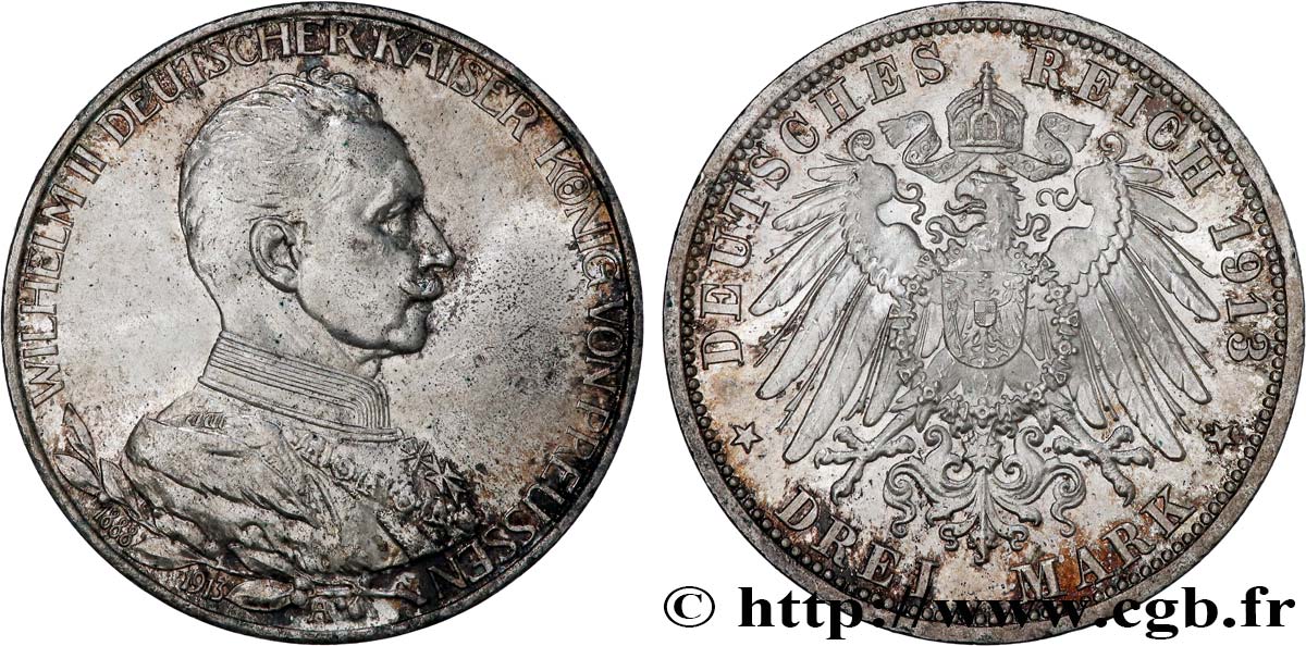 DEUTSCHLAND - PREUßEN 3 Mark 25e anniversaire de règne de Guillaume II 1913 Berlin fST 