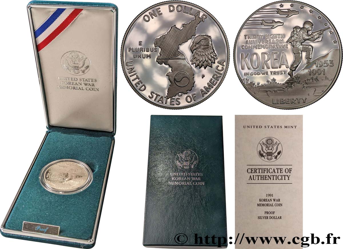 UNITED STATES OF AMERICA 1 Dollar Silver PROOF 38e anniversaire de la fin de la guerre de Corée 1991 Philadelphie - P MS 