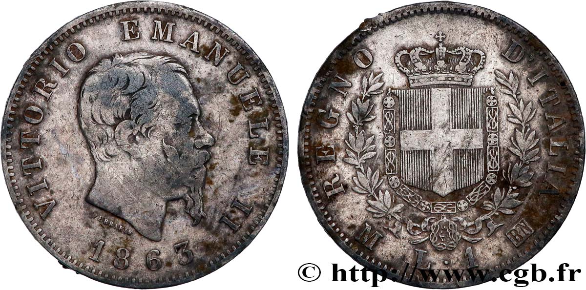 ITALY 1 Lire Victor Emmanuel II 1863 Milan VF 