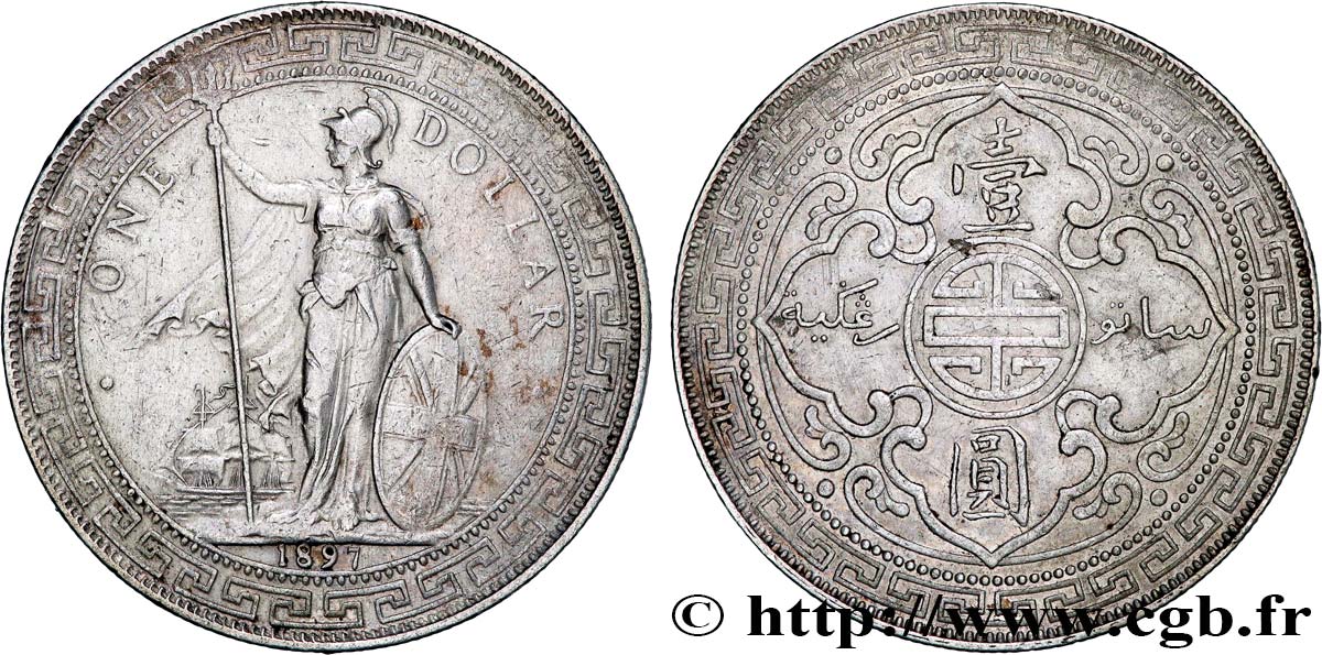 REINO UNIDO 1 Dollar Britannia debout avec voilier 1897 Bombay MBC 