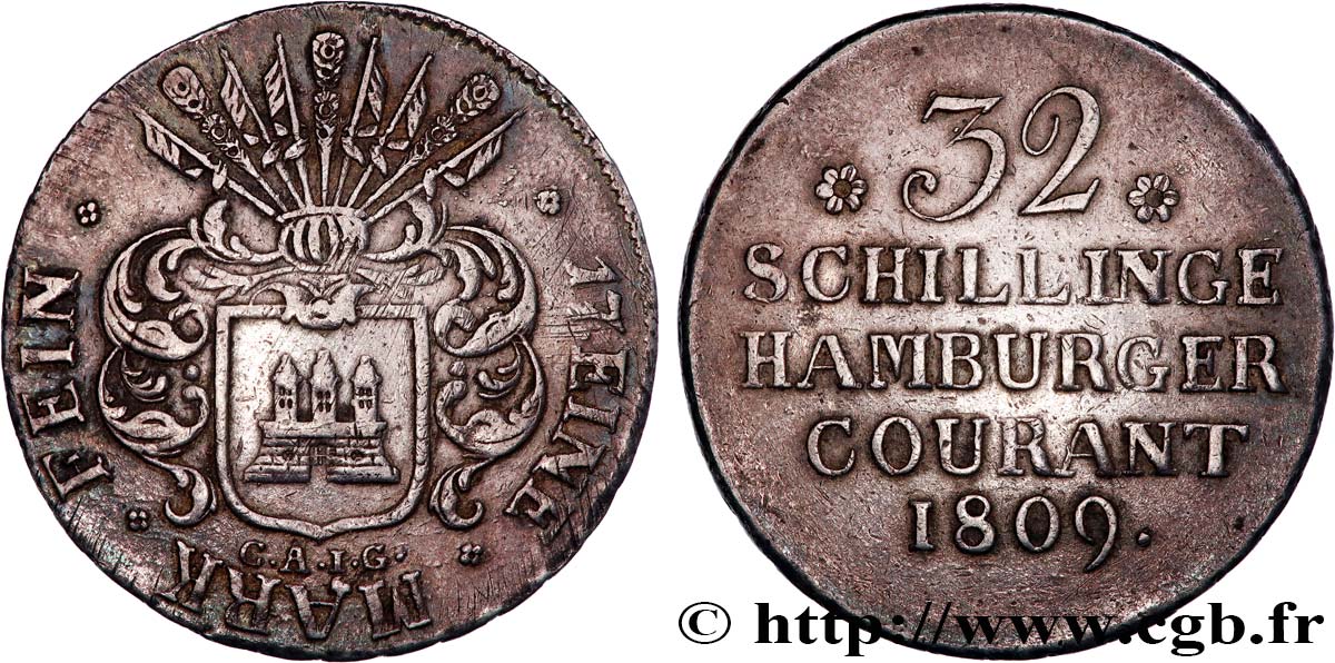 DEUTSCHLAND - HAMBURG GEBIET 32 schillings, 2e type 1809 Hambourg fVZ 