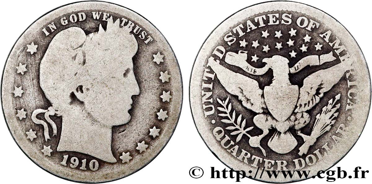 ÉTATS-UNIS D&nbsp;AMÉRIQUE 1/4 Dollar Barber 1910 Philadelphie B+ 