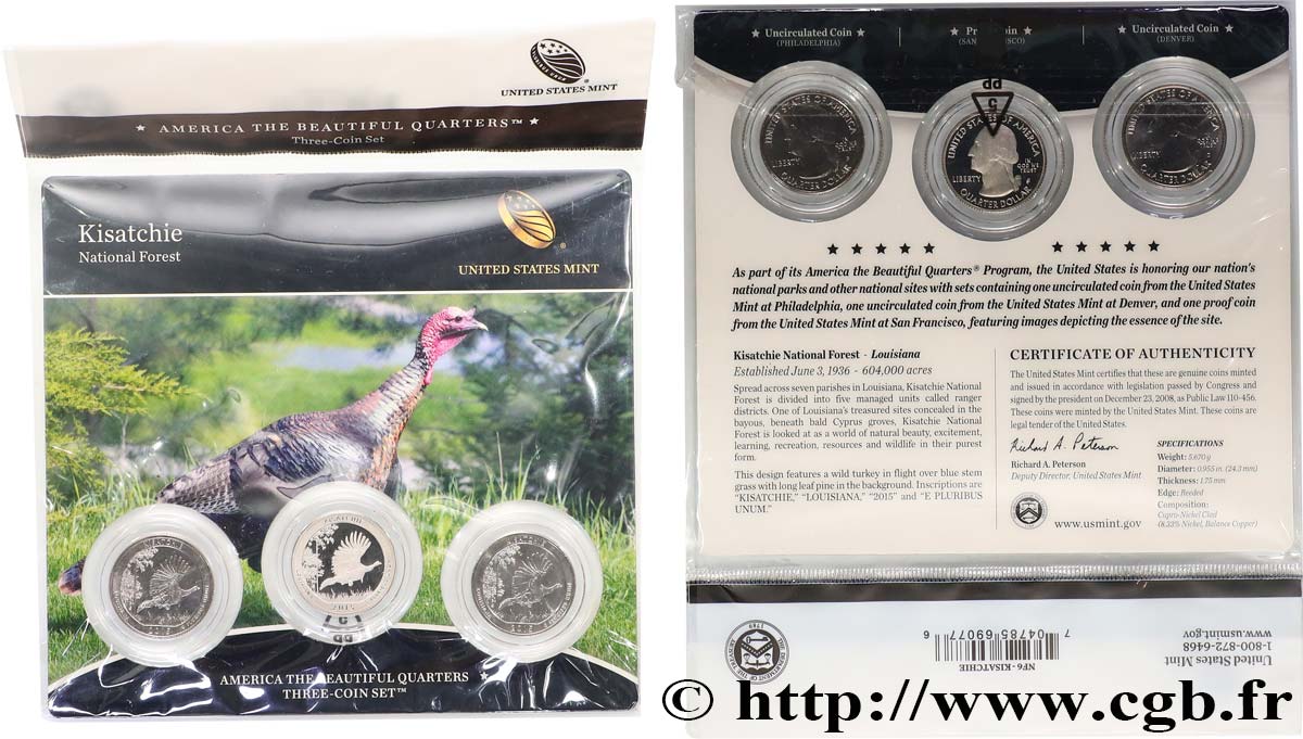 STATI UNITI D AMERICA AMERICAN THE BEAUTIFUL - KISATCHIE - QUARTERS SET - 3 monnaies 2015  FDC 