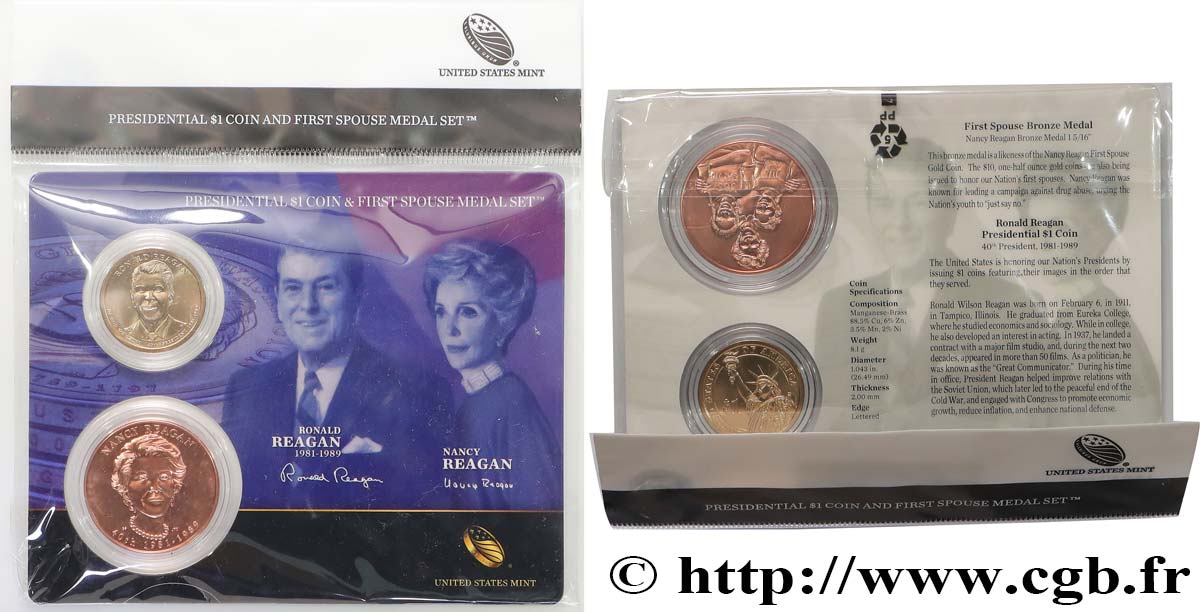 STATI UNITI D AMERICA PRESIDENTIAL 1 Dollar - REAGAN - 1 monnaie et 1 médaille de l’épouse du Président n.d.  FDC 