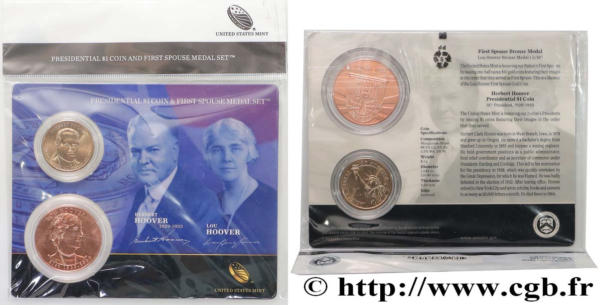 STATI UNITI D AMERICA PRESIDENTIAL 1 Dollar - HOOVER - 1 monnaie et 1 médaille de l’épouse du Président n.d.  FDC 