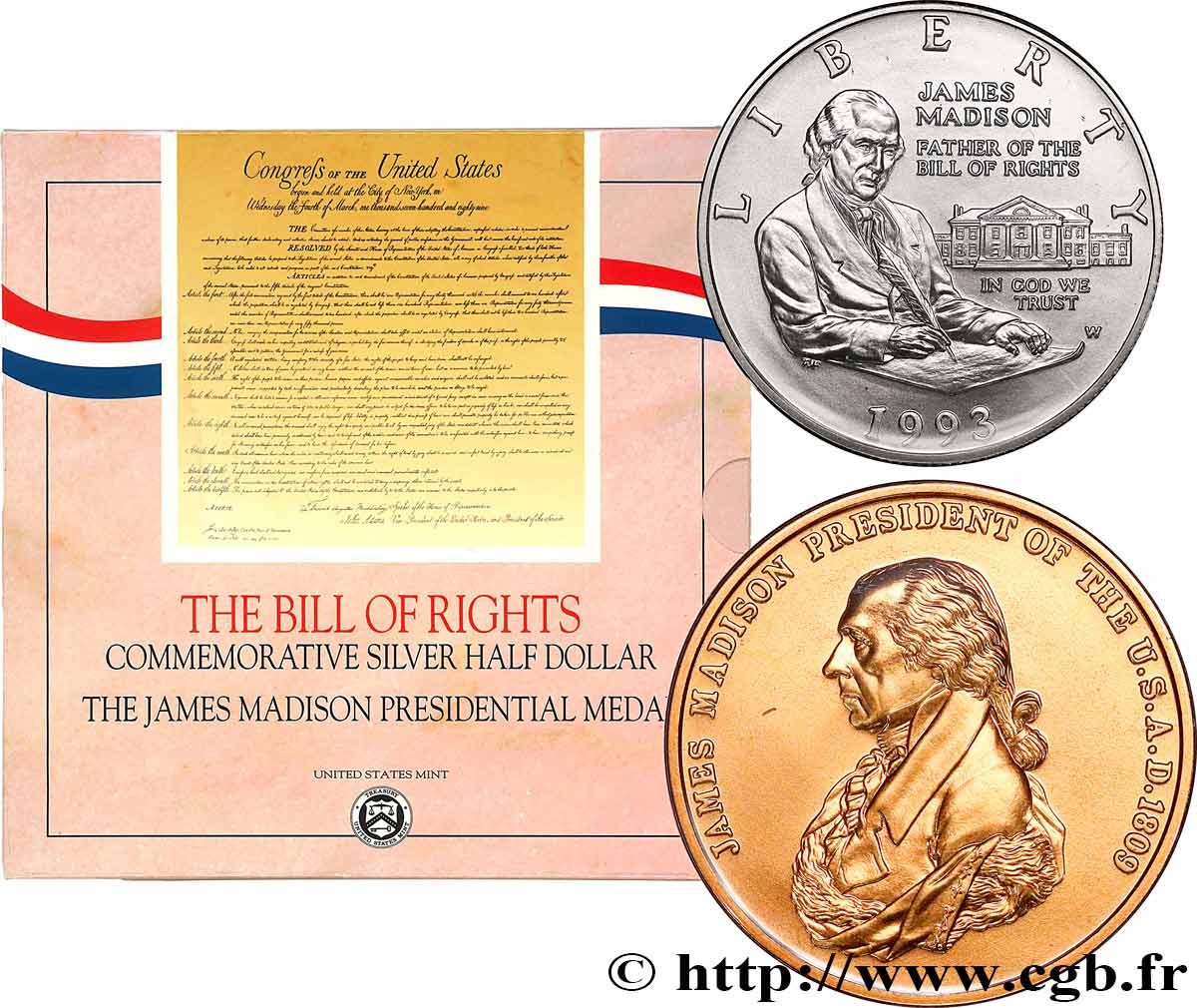 ÉTATS-UNIS D AMÉRIQUE Série THE BILL OF RIGHT - 1/2 Dollar Proof la Déclaration des Droits + 1 médailledu Président James Madisson 1993 West Point FDC 