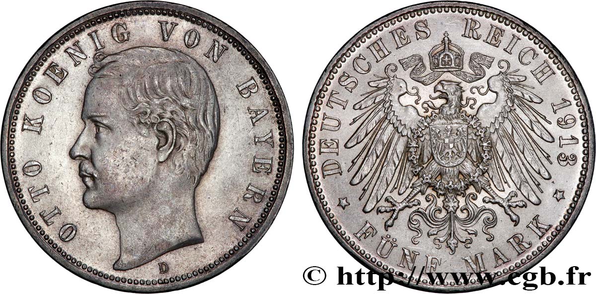 GERMANY - KINGDOM OF BAVARIA - OTTO 5 Mark 1913 Munich AU 