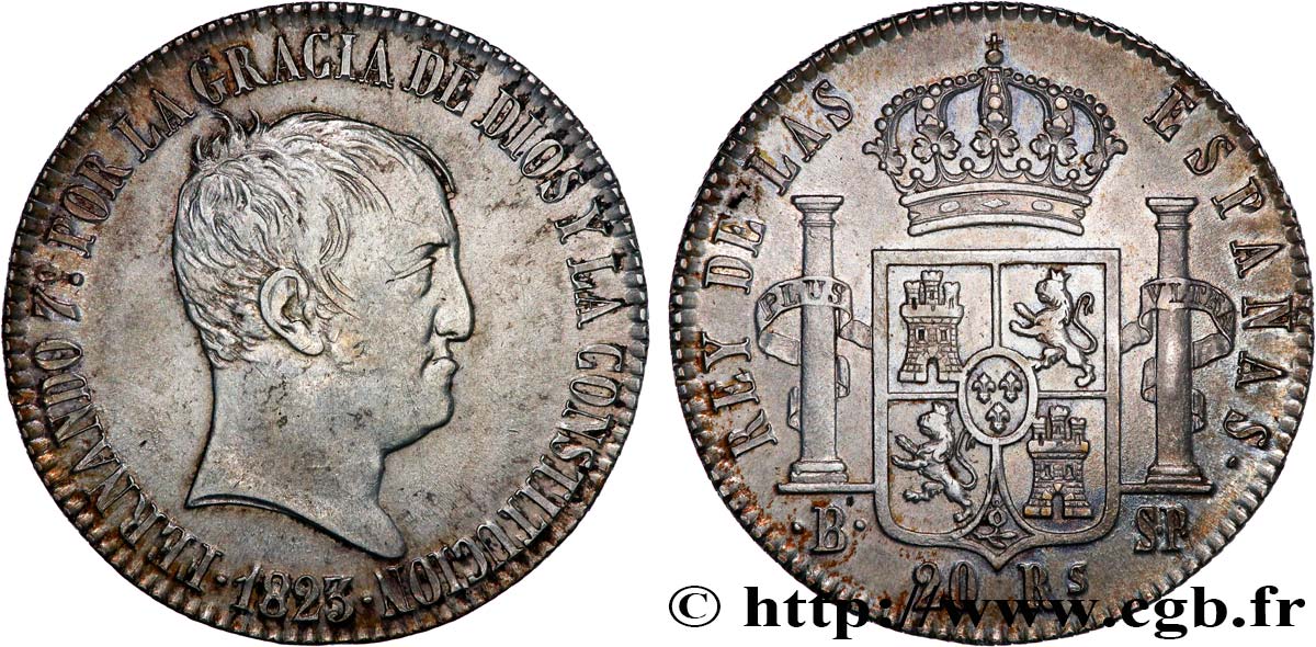 ESPAGNE - ROYAUME D ESPAGNE - FERDINAND VII 20 reales 1823 Barcelone TTB+ 