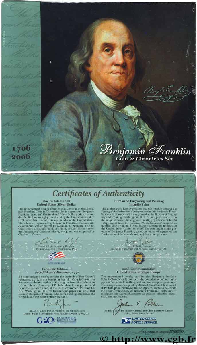STATI UNITI D AMERICA 1 Dollar COIN AND CHRONICLES SET - BENJAMIN FRANKLIN + 4 timbres 2016  FDC 