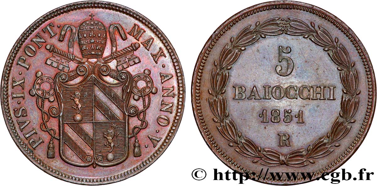 ITALY - PAPAL STATES - PIUS IX (Giovanni Maria Mastai Ferretti) 5 Baiocchi an VI 1851 Rome MS 