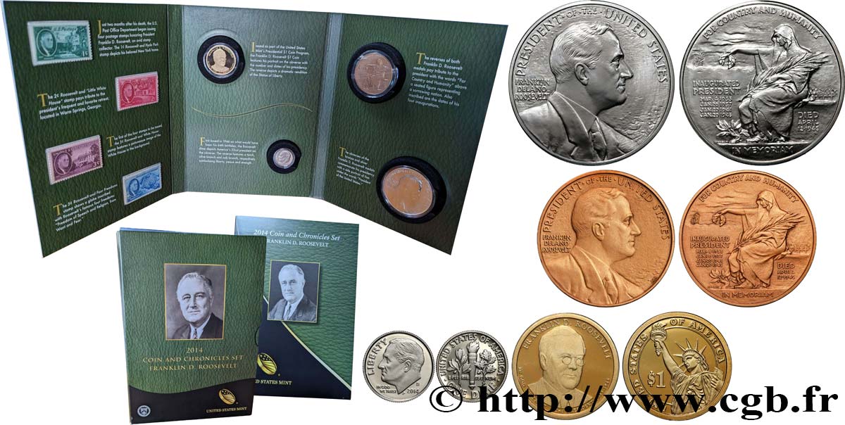 ÉTATS-UNIS D AMÉRIQUE COIN AND CHRONICLES SET - FRANKLIN D. ROOSEVELT + 4 timbres 2014  FDC 